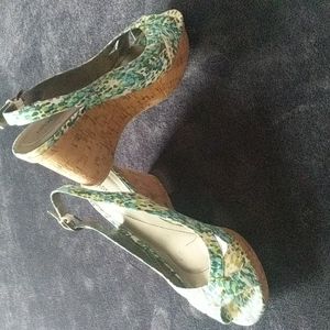 Peep-Toe Spring Print Cork Wedge Slingback Sandals